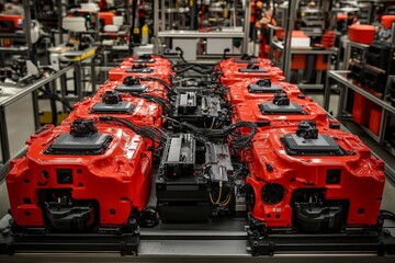 Fototapeta premium Multiple red electric car chassis frames on automotive production line.