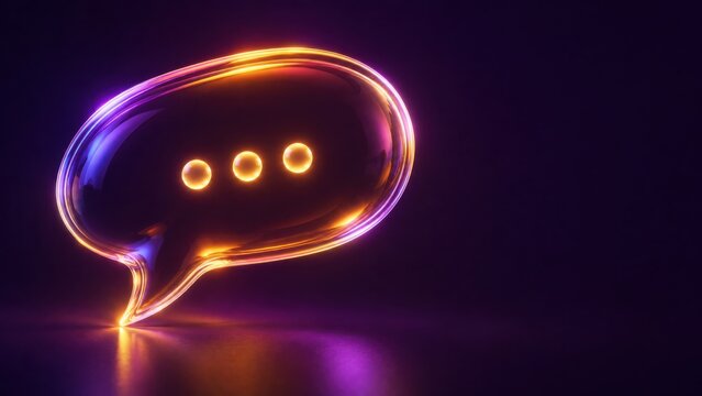 Neon glowing speech bubble with three dots, vibrant orange and purple light on dark background.