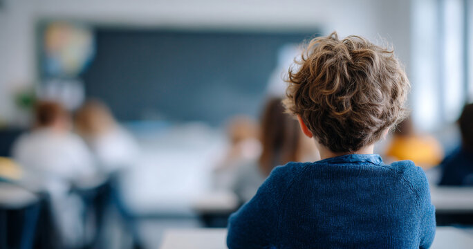 Child sitting in classroom facing blackboard