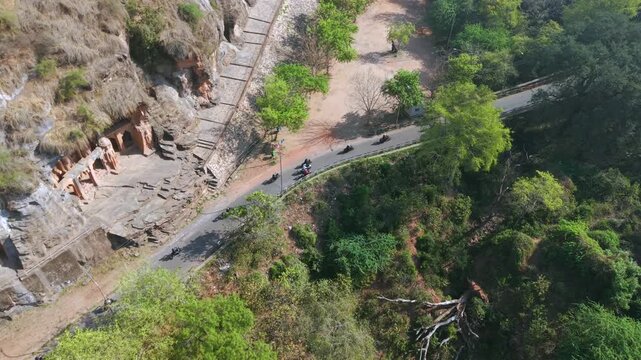 Aerial View of Bikers Riding Along Gwalior Fort Road Madhya Pradesh India