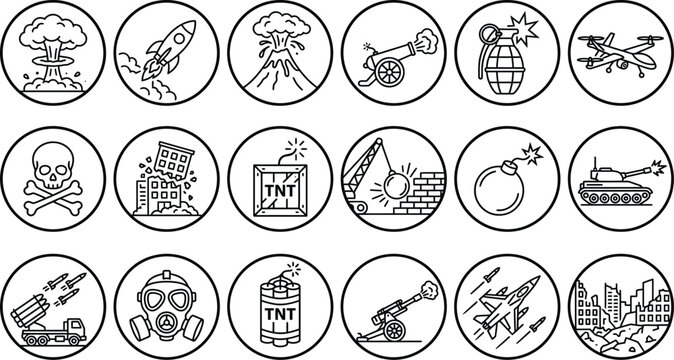 Set of war and destruction icons featuring military weapons, explosions, ruins, and hazardous materials, vector illustration