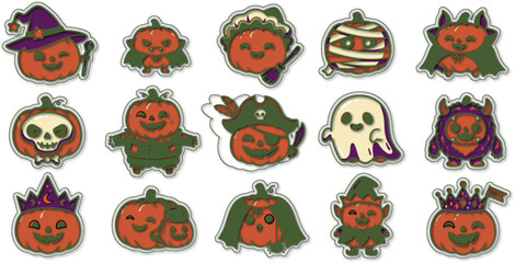 Fototapeta premium Set of cute hand drawn pumpkin characters designed as a festive halloween sticker collection for holiday decoration