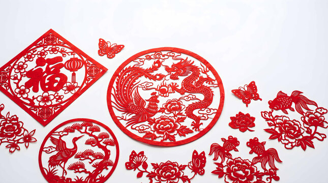 Traditional Chinese Red Paper-Cut Art Featuring Dragon Phoenix and Fortune Character