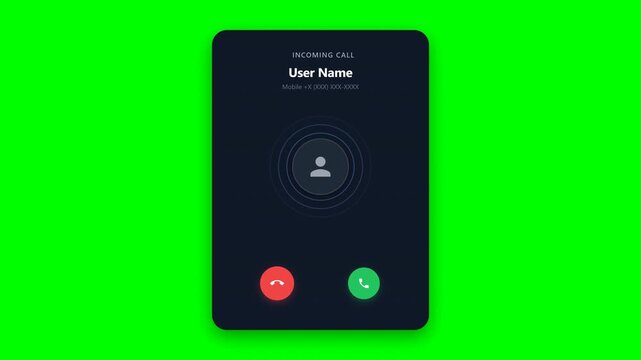 4K incoming voice call interface with pulse rings and connected transition on green screen