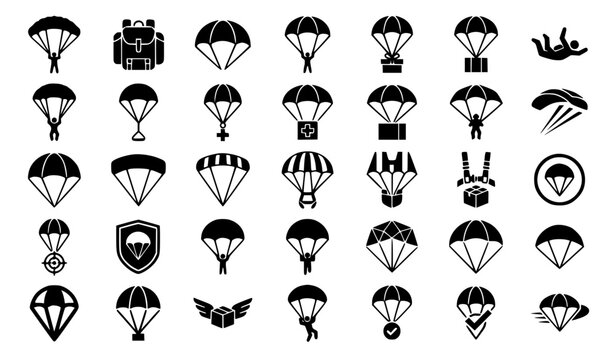 Parachute and skydiving icons, extreme sport and aviation symbols vector set, solid parachute, skydiver, cargo drop, backpack, extreme sports, jump and adventure elements
