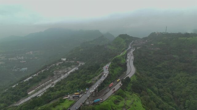 Aerial View of Lonavala Hill Roads in Monsoon Western Ghats Maharashtra India