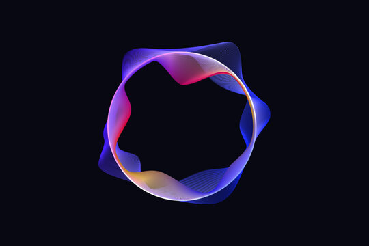 Futuristic colorful abstract circular soundwave glowing against a solid dark background. Dynamic linear mesh design perfectly illustrates artificial intelligence voice recognition.
