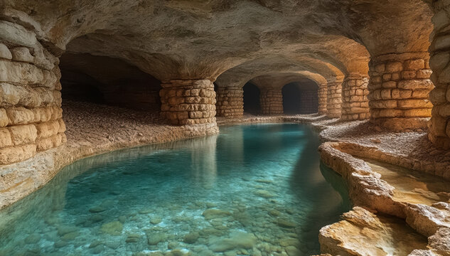 Underground city with river and rooms, fantasy of lost cave town