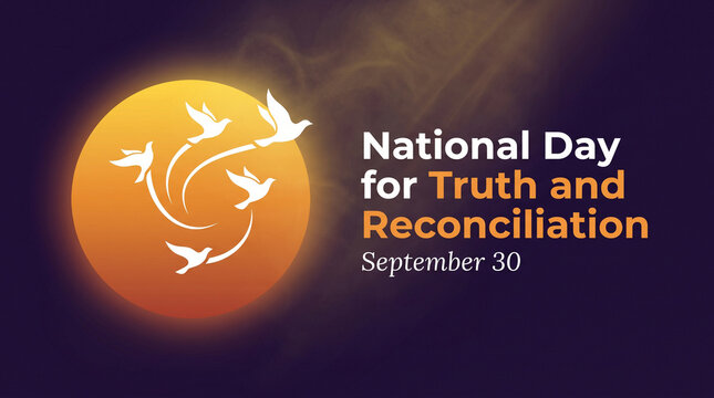 National Day for Truth and Reconciliation poster with orange sun, white birds, and September 30 date on dark background
