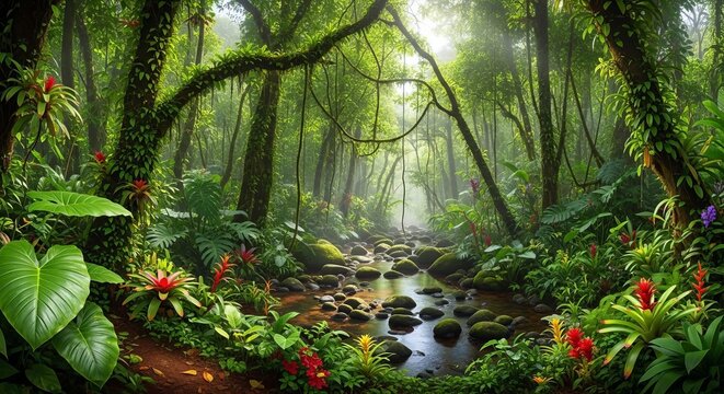 Lush Tropical Rainforest with a Winding Stream and Vibrant Flora.
