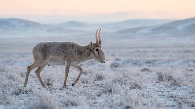 Saiga antelope running across snowy steppe in natural habitat