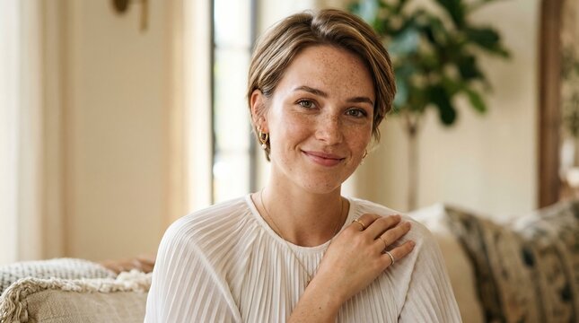 Natural portrait of a smiling freckled woman touching her shoulder in a bright and cozy home interior