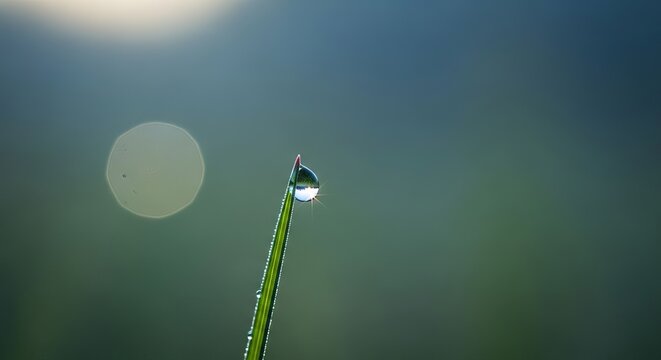 Macro shot of a single dewdrop on a blade of grass with bokeh background.