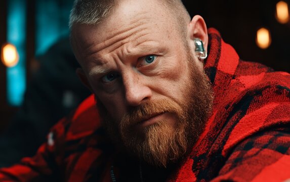 Dramatic close up portrait of man with beard wearing red plaid jacket, illuminated by contrasting turquoise and warm lights
