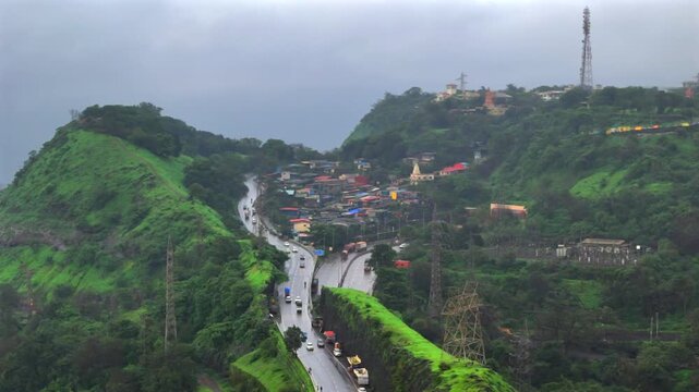 Aerial View of Lonavala Hill Roads in Monsoon Western Ghats Maharashtra India