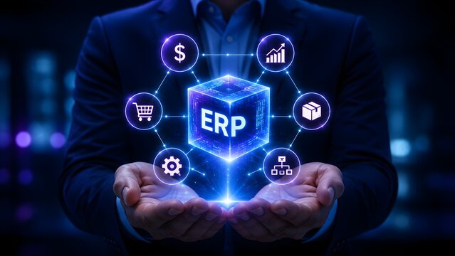 Enterprise Resource Planning Erp Software Solution Concept With Digital Cubes