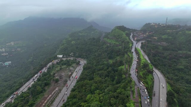 Aerial View of Lonavala Hill Roads in Monsoon Western Ghats Maharashtra India