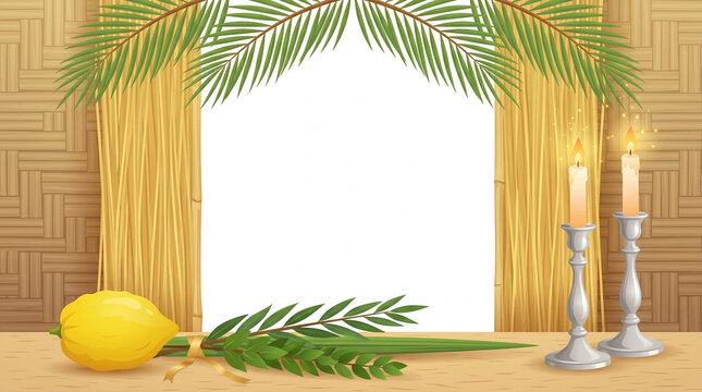 Sukkot celebration display with lit candles citrus fruit and palm branches on woven backdrop with illustration highlights sukkot ritual items with woven wall background, Four Kinds