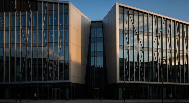 Modern Architectural Building Facade with Geometric Design and Glass Reflections.