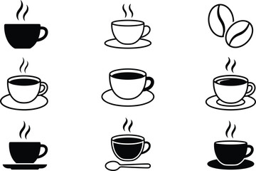 Obraz premium Hot coffee cup icons and roasted beans set for cafe menu design line art style vector illustration