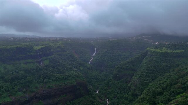Aerial View of Lonavala Waterfall and Lush Green Hills During Monsoon Maharashtra India