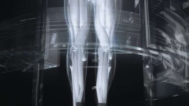 Futuristic 3D scan of transparent human body anatomy showing skeleton and internal organs in dark sci-fi laboratory, medical artificial intelligence digital health technology animation with tilt up 