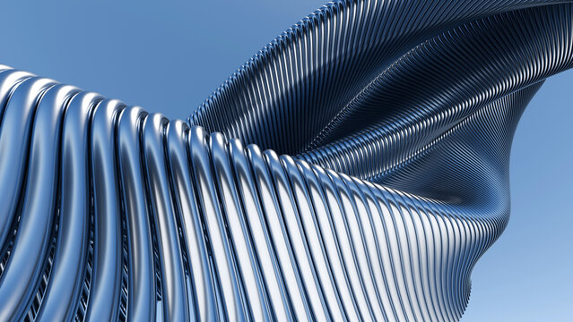 3D abstract metallic wave background with shiny blue steel pipes. Ideal for modern technology covers, futuristic banners, and architectural design presentations