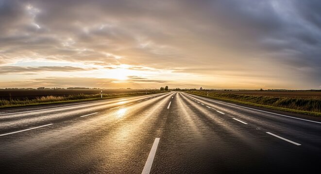 Scenic Highway Stretch at Sunset with Dramatic Clouds.