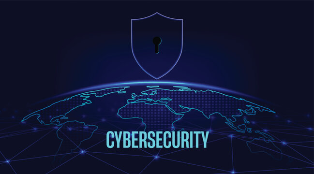 Cybersecurity technology concept with digital world map shield and advanced data protection vector poster
