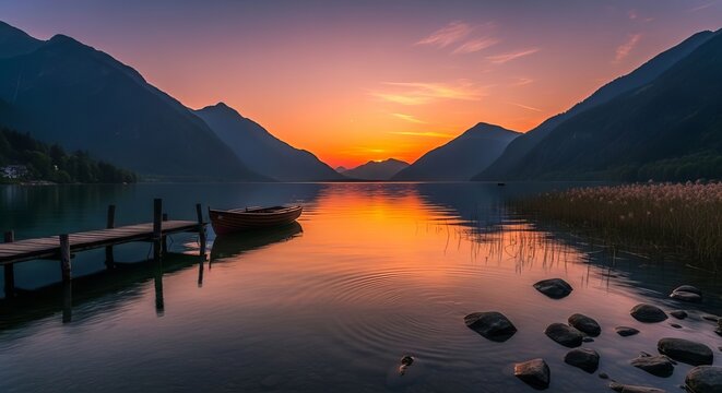 Serene Mountain Lake at Sunrise with Wooden Dock and Boat.