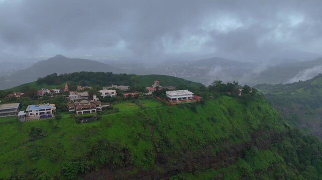 Aerial View of Lonavala Waterfall and Lush Green Hills During Monsoon Maharashtra India