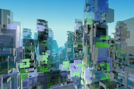 Abstract futuristic city. Blue, green, purple cube architecture structures.