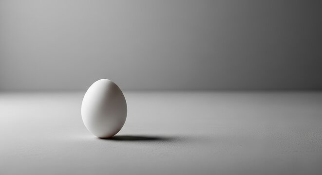 Single White Egg Isolated on a Light Gray Surface with Dramatic Lighting.