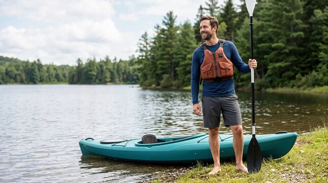 Man holding a paddle beside a kayak on a lake shore. Smiling male kayaker wearing a life jacket before paddling. Outdoor water sports and recreation