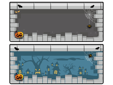 暗い洞窟と不気味な夜の街並みのハロウィンフレーム