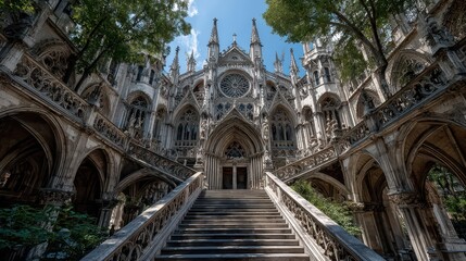 Fototapeta premium Majestic gothic architecture of a historic church facade, with its ornate stonework and towering spires, inviting exploration of its timeless beauty