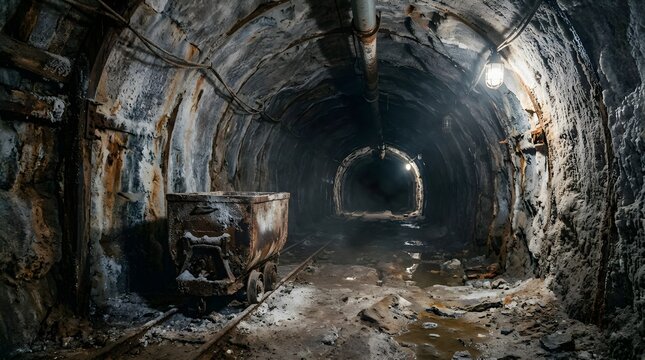 Abandoned dark underground mine shaft tunnel with rusty mine cart, tracks, and hanging lamps illustration