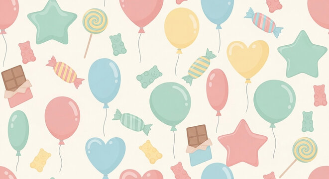Pastel balloons, candies, and gummy bears in a sweet, celebratory, repeating pattern