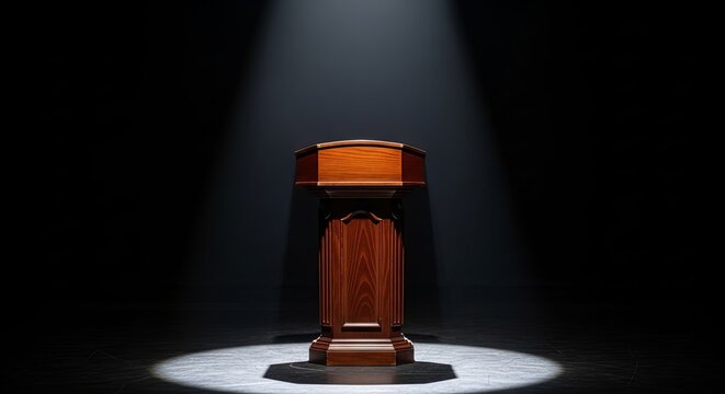 A wooden podium stands illuminated by a spotlight on a dark stage.