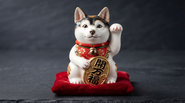 Lucky Japanese Shiba Inu porcelain maneki-neko figurine holding gold koban coin on red cushion isolated on dark slate background studio