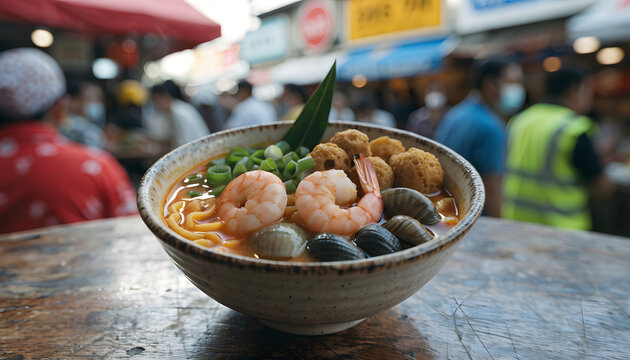 Bowl of spicy Singaporean Laksa noodle soup with shrimp and fish balls at a street market