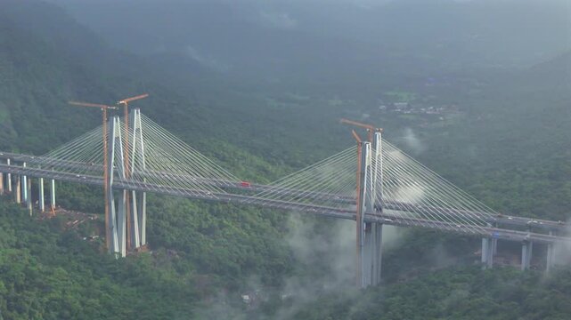 Aerial View of Mumbai Pune Expressway Missing Link Cable Stayed Bridge Lonavala Maharashtra India