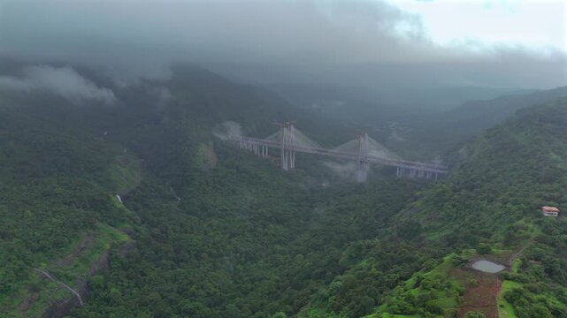 Aerial View of Mumbai Pune Expressway Missing Link Cable Stayed Bridge Lonavala Maharashtra India