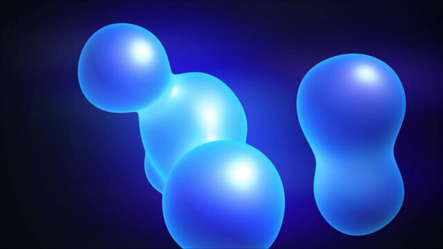 Abstract blue 3D liquid metaballs and glowing organic molecular spheres on a dark background