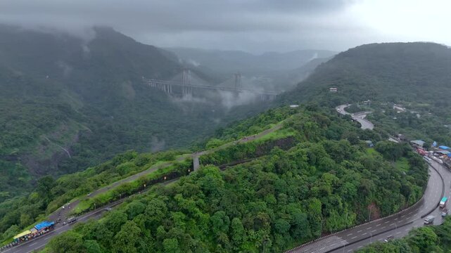 Aerial View of Mumbai Pune Expressway Missing Link Cable Stayed Bridge Lonavala Maharashtra India
