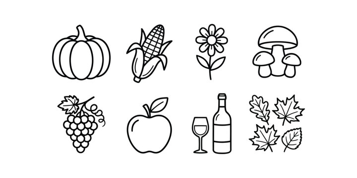 Set of simple black and white line art icons representing autumn harvest and seasonal thanksgiving food elements