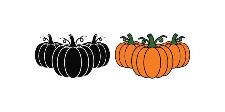 A collection of stylized black and orange pumpkin illustrations isolated on a clean white background for autumn design