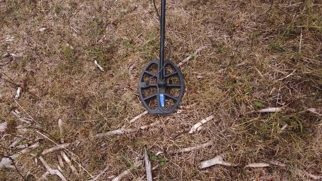 Treasure hunter with metal detector search treasure in field 