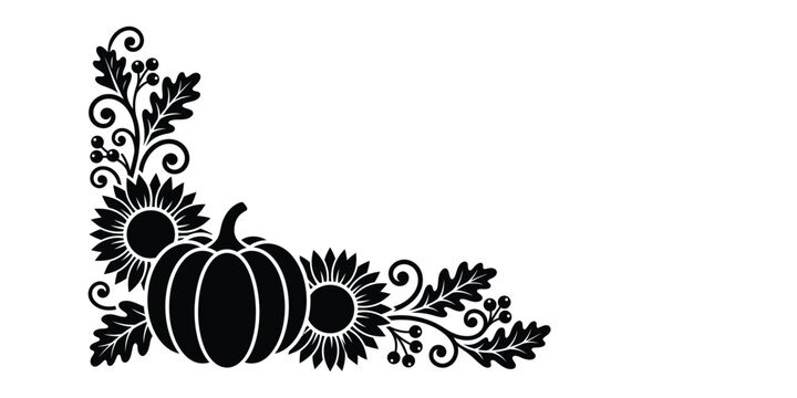 Decorative corner border featuring a pumpkin and sunflowers with autumn leaves in a black and white silhouette style