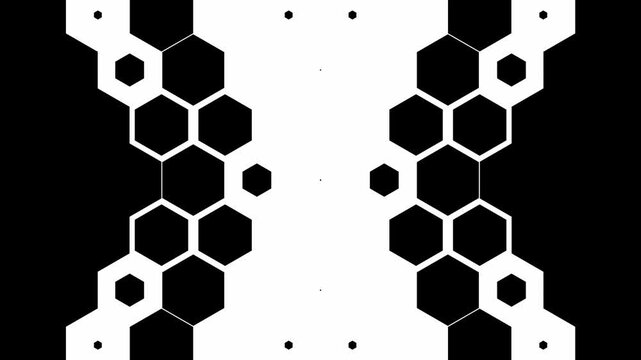 Minimalist black and white hexagon luma matte transition effect. Dynamic geometric honeycomb pattern wipe reveal for video editing, technology reels, and motion design.